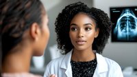 Young African American female doctor in white coat looking at camera with confident expression, chest x-ray visible on wall behind. Medical professional portrait.