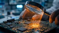 Close-up of magnifying glass examining illuminated circuit board with golden light effects in modern electronics laboratory for technology research.