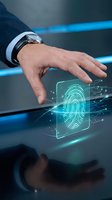 Male hand in business attire scanning glowing fingerprint hologram for biometric security authentication and digital identity verification technology.