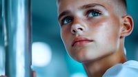 Young blonde boy with blue eyes looking up thoughtfully in modern interior. Child portrait with natural lighting and soft focus background for lifestyle concepts.