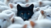Black wolf face peering through group of white arctic hares in winter snow, showing intense predator eyes and hunting behavior in natural wildlife setting.