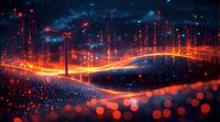 Digital landscape with glowing orange energy wave and wind turbine silhouette against dark blue starry background, representing renewable technology and future power.