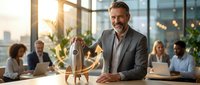 Confident middle-aged Caucasian businessman holding wooden rocket model in modern office with diverse team working in background during golden hour.