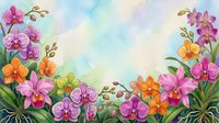 Colorful watercolor orchid flowers frame a soft pastel background, creating a vibrant floral border for cards, invitations, and seasonal designs.