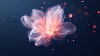 Ethereal glowing flower with translucent petals emitting soft pink light against dark background, surrounded by floating luminous particles and magical bokeh effect.