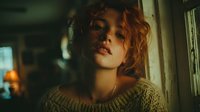 Young woman with curly red hair looking thoughtfully out window in cozy indoor setting with warm natural lighting for lifestyle photography.