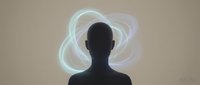 Silhouette of person with glowing neon light trails forming abstract swirl pattern around head, representing creativity, innovation, and digital transformation for tech and design projects.