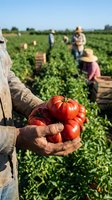 Farm worker holding fresh ripe tomatoes in hands during harvest season with agricultural workers picking crops in green field background.