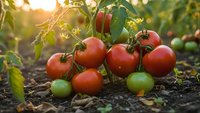 Fresh ripe red tomatoes growing on vine in organic garden with green unripe fruits, warm sunlight creating golden hour glow for healthy farming concepts.