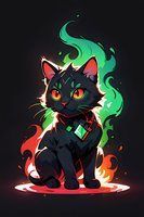 Mystical black cat with glowing heterochromatic eyes surrounded by magical green and red flames. Perfect for fantasy game art, Halloween designs, or magical themed illustrations.