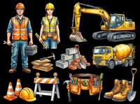 Isolated construction worker and equipment collection on transparent background, ready for t-shirt design, clipart, stickers, print-on-demand products and sublimation projects.