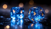 Glowing blue translucent dice with golden numbers on dark reflective surface, magical bokeh lights create mystical gaming atmosphere for tabletop role-playing games.