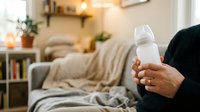 Young woman holding white skincare bottle in cozy bedroom interior with warm lighting, bed, shelves and plants, promoting beauty and wellness products.