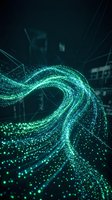 Glowing neon green digital wave made of particles flowing through dark cyberspace environment, representing data stream, technology innovation, and futuristic network connectivity for tech backgrounds.