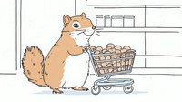 Cute cartoon squirrel character pushing shopping cart full of nuts in grocery store aisle for children book illustration and educational materials.
