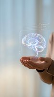 Holographic brain projection floating above open palm with digital interface elements for artificial intelligence and neuroscience applications.