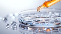 Amber liquid drop falling into glass petri dish with clear solution, creating ripple effect against blurred laboratory background with bokeh lights and water droplets.
