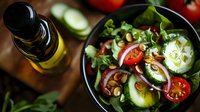 Fresh garden salad with sliced cucumber, cherry tomatoes, red onion and toasted nuts in dark bowl, olive oil bottle on wooden table. Healthy eating concept.