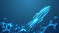 Digital rocket launch with glowing blue wireframe design and geometric particles on dark background for technology and innovation concepts.