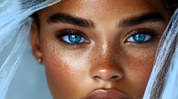 Young woman with striking blue eyes and freckles wearing white head covering. Natural makeup look with glowing skin for beauty and fashion concepts.