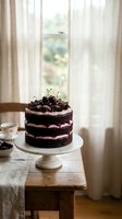 Decadent chocolate layer cake with fresh cherries on marble stand by sunny window, rustic kitchen setting for celebrations and special occasions.