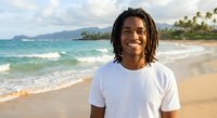Happy young Black man with dreadlocks smiling on tropical beach with turquoise ocean waves and palm trees in background for vacation and travel concepts.