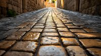Sunlit cobblestone street with wet stone pavement in historic European city center. Ancient narrow alley between stone walls leads toward bright light at end of path.