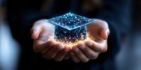 Glowing graduation cap made of sparkles and light particles floating above cupped hands against dark background, symbolizing academic achievement and education success.