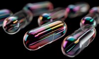 Iridescent soap bubbles floating in dark space with holographic rainbow colors and elongated oval shapes creating abstract artistic composition.