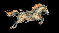Ornate golden horse with flowing orange mane and blue decorative saddle, isolated on transparent background. Ready for t-shirt design, clipart, stickers, sublimation, and print-on-demand products.