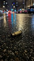 Spent bullet casing lies on wet urban street at night with blurred city lights and traffic in background, depicting crime scene or violence concept.