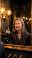 Elegant mature woman with gray hair smiling in luxurious vintage bathroom with ornate mirror and warm lighting for lifestyle and beauty concepts.