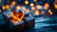 Gift box wrapped in craft paper with glowing heart shape decoration against blurred bokeh lights background creating romantic holiday atmosphere on wooden surface.