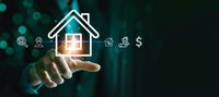 Modern real estate technology concept with businessman hand touching digital house icon surrounded by property investment symbols on dark bokeh background.