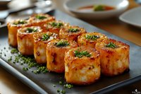 Grilled scallops garnished with fresh chopped chives served on dark plate, close up view of seafood appetizer with golden-brown sear and herbs.