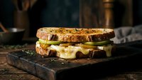Melted cheese and green apple grilled sandwich on rustic wooden board, golden toasted bread with gooey filling, dark moody kitchen background.