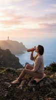 Young Caucasian woman drinking from reusable bottle on rocky cliff at sunset, yoga mat beneath her, ocean and lighthouse in background.