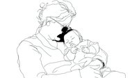 Line art illustration of mother holding sleeping newborn baby in tender embrace, showcasing maternal bond and nurturing care.