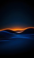 Abstract digital landscape with glowing orange horizon line over blue geometric waves against dark background. Modern minimalist design for technology presentations.