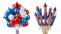 Patriotic balloon cluster and firework rockets bundle featuring red, white, and blue star and round balloons with wooden stick rockets decorated in flag patterns, isolated on white background for holiday celebrations and party decorations.
