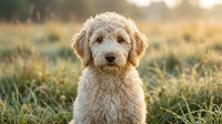 Adorable golden doodle puppy sitting in sunny meadow grass during golden hour sunset with soft bokeh background for pet and animal content.