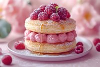 Fresh raspberries top delicate puff pastry filled with pink raspberry cream and dusted with powdered sugar on white plate against soft floral background.