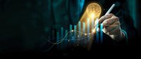 Businessman analyzing bitcoin cryptocurrency growth chart with glowing coin symbol and upward trending financial data on digital interface for investment strategy.