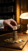 Male hand placing wooden block on stacked coins at desk under lamp, symbolizing financial growth, investment strategy, and wealth building for business concepts.