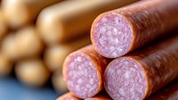 Fresh sliced salami sausage with visible spices and fat marbling texture, macro close up view showing meat product details on blurred background.