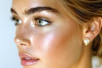 Close up profile of young woman with natural glowing skin, freckles, and dewy makeup highlighting cheekbones and eyes against light background.
