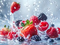 Fresh berries splashing in water with droplets creating dynamic motion effect against light blue background. Strawberries, raspberries and blackberries in refreshing scene.