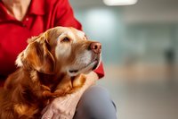 Golden retriever with gentle expression looking up while being petted, wearing red collar against blurred background, close-up portrait showing loyalty and companionship.