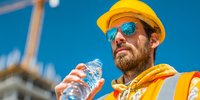 Construction worker in safety gear drinking water on hot sunny day at building site for hydration and heat safety prevention.