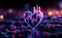 Glowing heart shape with medical pulse line on dark background with bokeh lights, digital healthcare concept for cardiology and medical presentations.